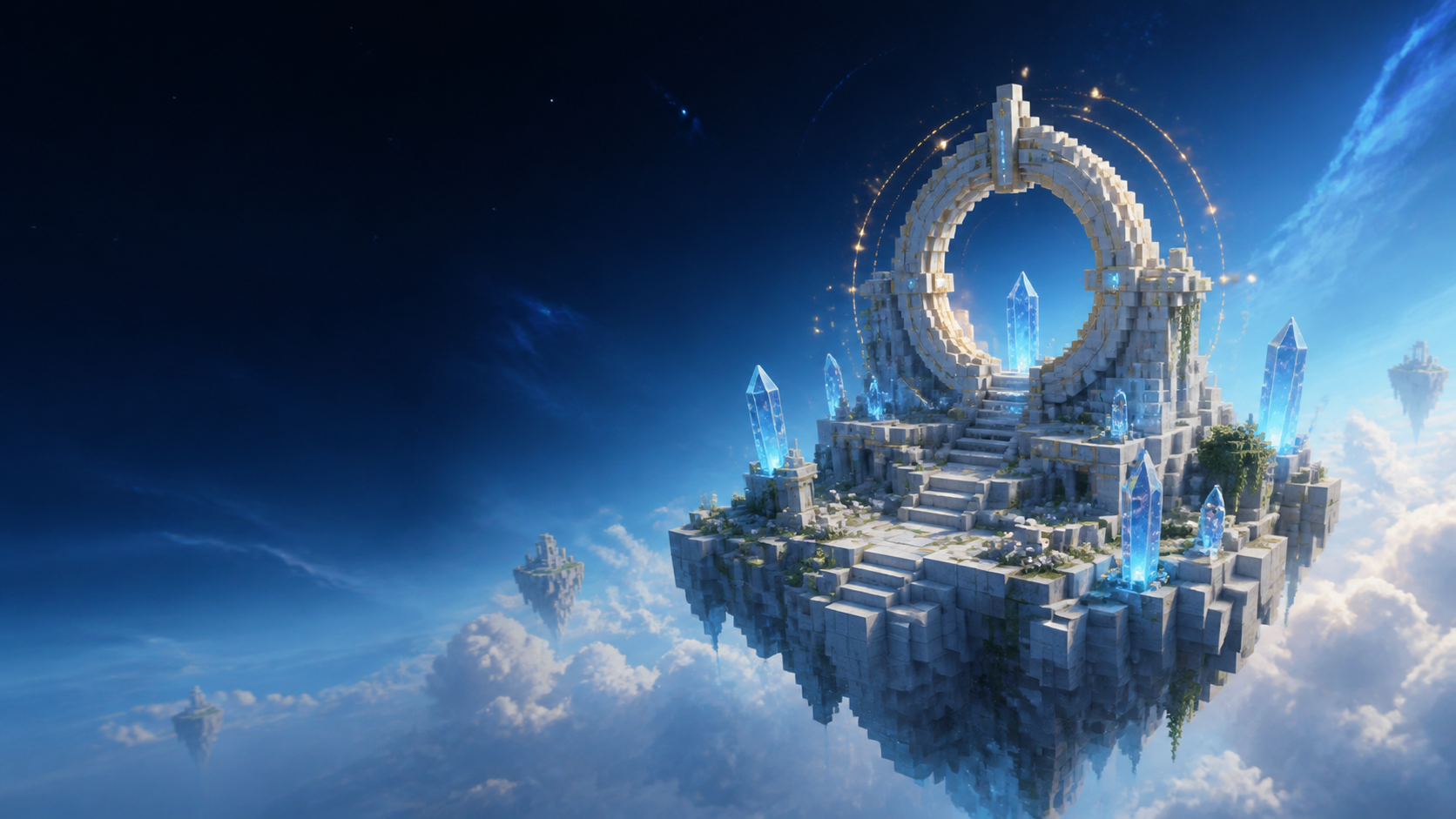Aetheria concept artwork: a floating stone island with a blue crystal portal above the clouds